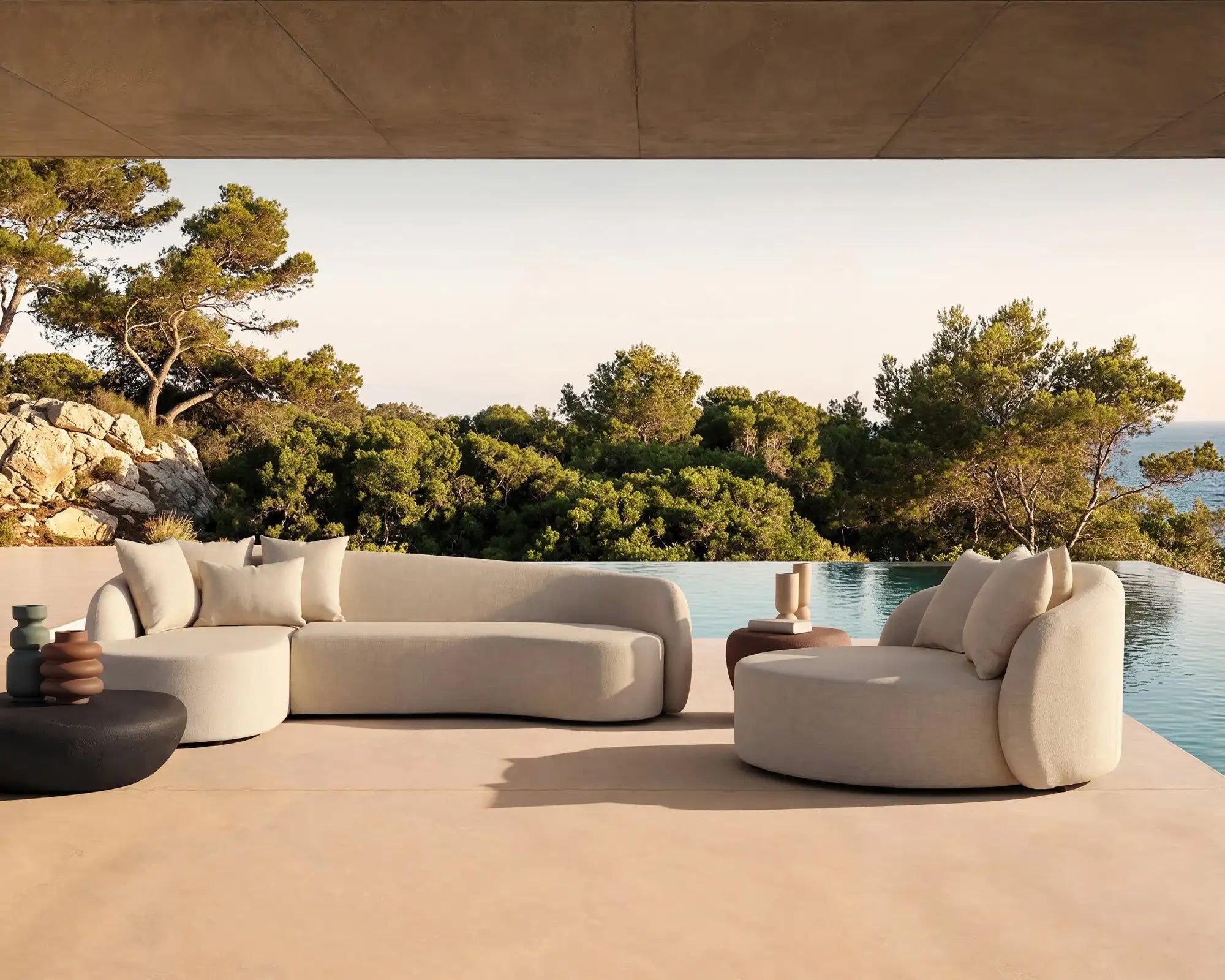 Beige curved sectional sofa with soft, minimalist design and plush cushions.